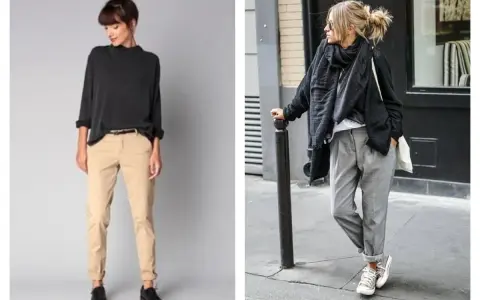 Deux looks pour savoir quelles chaussures avec un chino femme : des derbies noires avec un chino beige, ou des baskets avec un chino gris.