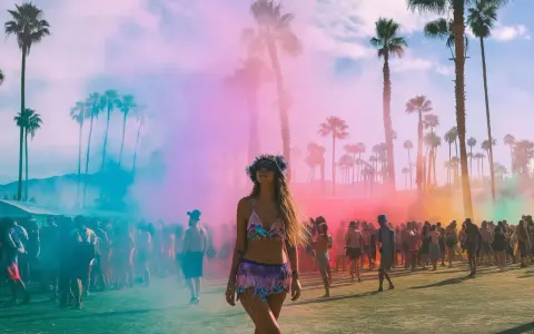 Ambiance festive au thème Coachella, avec une foule sous des palmiers et des nuages de fumée colorée rose et bleue.