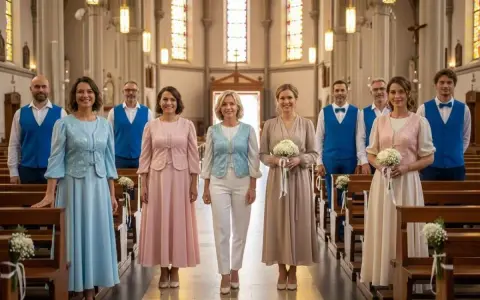 Des femmes en robes pastel et hommes en gilets bleus, une inspiration pour comment s'habiller pour une communion.