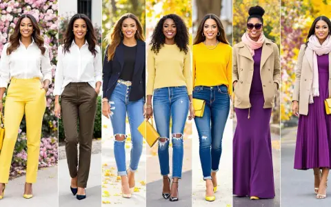 Six femmes portent des tenues élégantes. La première porte un pantalon jaune moutarde. Quelle couleur va avec le jaune moutarde vêtement ? Le violet et le beige sont de bons choix.