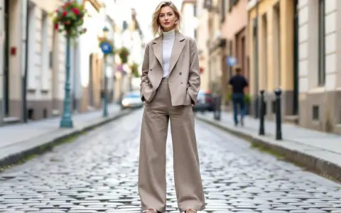 Une femme porte un tailleur pantalon large beige, un col roulé blanc et des sandales. Parfaites quelles chaussures avec un pantalon 7/8 !