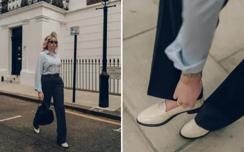 Pour un look hivernal chic, quelles chaussures avec un pantalon large ? Des mocassins beiges élégants complètent parfaitement ce pantalon fluide et cette chemise rayée.