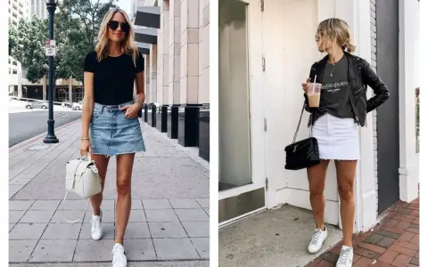 Deux femmes portent une jupe en jean et des baskets. L'une a une jupe en jean bleue décontractée, l'autre une jupe blanche.