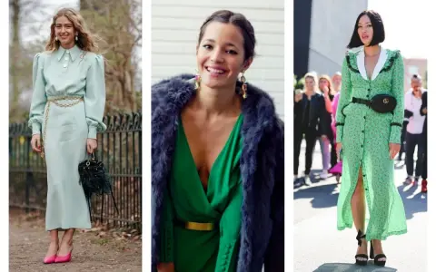 Idées pour accessoiriser une robe verte mariage : une ceinture dorée, une pochette à plumes ou une banane Gucci.