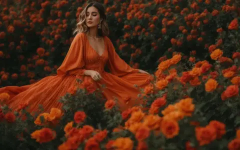 Femme en robe orange, style bobo, au milieu d'un champ de roses orangées.