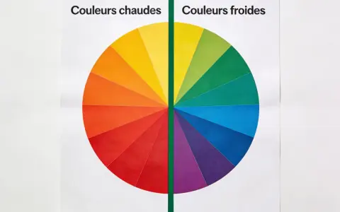 Roue chromatique divisée en couleurs chaudes (rouge, orange, jaune) et froides (vert, bleu, violet). Un test de colorimétrie visuel.