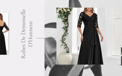Une élégante robe de demoiselle d'honneur noire avec des manches en dentelle.