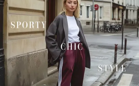 Une femme incarne le style casual femme, alliant blazer oversize, t-shirt blanc et pantalon de survêtement chic.