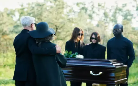 Un couple en tenue d'enterrement, le bras autour de l'épaule, se tient près d'un cercueil. D'autres personnes en deuil sont derrière.