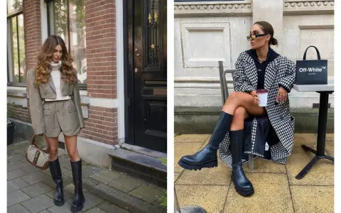 Deux femmes affichent un style audacieux avec des bottes hautes. L'une porte un tailleur-short à carreaux, l'autre un manteau pied-de-poule.