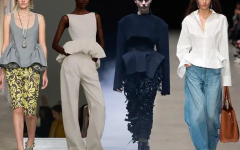 Découvrez le top peplum : une pièce mode évasée qui sublime la silhouette, portée ici en gris, blanc, noir et blanc.