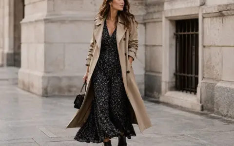 Une femme élégante marche dans la rue, portant quel manteau avec une robe longue fleurie.