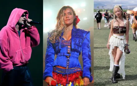 Trois looks pour le festival Coachella : un chanteur en rose, une artiste en bleu flamboyant, et une festivalière en blanc et cuir.