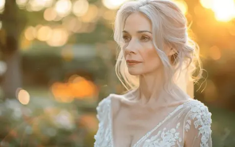 Une mariée de 50 ans, rayonnante dans sa robe de dentelle, baignée par la lumière dorée du soleil couchant. Quelle robe magnifique pour se marier à 50 ans !