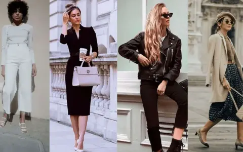 Quatre femmes stylées se mettent en valeur avec des tenues chics : blanc, noir, cuir et imprimé.