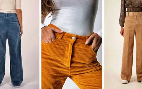 Trois pantalons en velours côtelé pour femme : bleu, moutarde et beige. Parfait pour un look décontracté, quelle chaussure avec pantalon velours femme ?