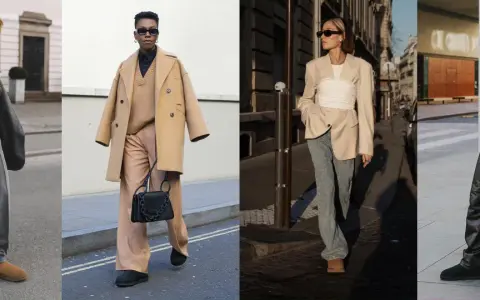 Quatre looks urbains : une femme en costume gris et ugg camel, une autre en manteau camel et pantalon large, une troisième en blazer beige et jean, et un homme en pantalon cuir et cardigan coloré.