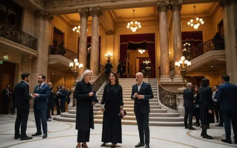 Trois personnes en tenue d'opéra discutent dans un grand hall orné de colonnes et d'escaliers majestueux.