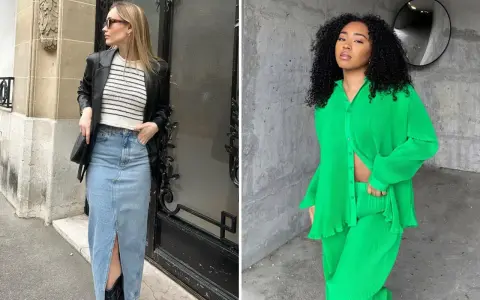 Deux femmes présentent des looks tendance pour le printemps 2026 : l'une en jupe en jean longue et blazer, l'autre en ensemble vert vif plissé.