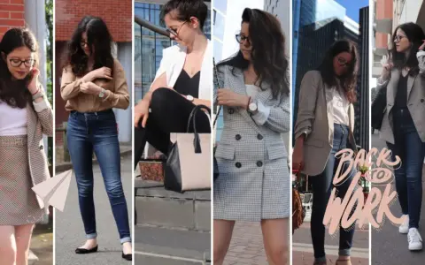 Une jeune femme en tenues professionnelles, prête pour le travail. Elle porte des blazers, des jeans et des jupes, un look de working girl moderne.