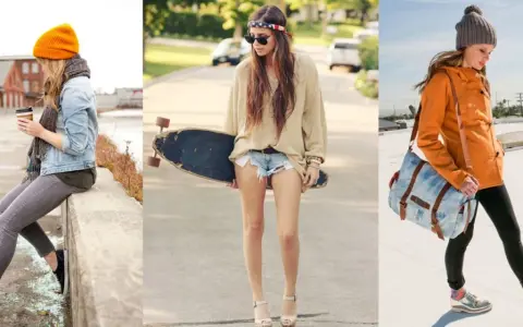 Trois jeunes femmes adoptent un style vestimentaire surfeur décontracté, avec des tenues variées et des accessoires tendance.