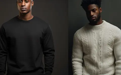 Deux hommes côte à côte. L'un porte un sweat noir uni, l'autre un pull en maille épaisse crème. La différence entre pull et sweat est claire.
