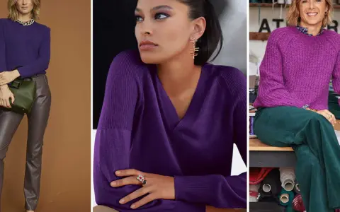 Trois femmes portent des pulls d'un magnifique couleur violet. L'une tient un sac vert, une autre arbore des bijoux dorés, et la troisième sourit, entourée de fils.