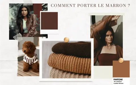 Inspiration mode : quelle couleur va avec le marron ? Une femme en veste de cuir, un caniche adorable, des pulls douillets et une palette de couleurs chaudes.