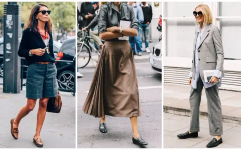Trois femmes arborent des tenues élégantes, dont un mocassin short, une jupe plissée et un tailleur pantalon.