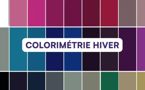 Palette de couleurs pour la colorimétrie femme hiver : bleus vifs, violets profonds, roses froids et gris.