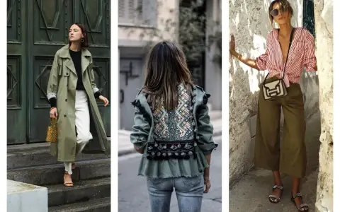 Trois femmes portent des tenues stylées. L'une arbore une tenue avec veste kaki, pantalon blanc et trench. Une autre porte une veste kaki ornée de motifs ethniques. La troisième est en pantalon kaki et chemise rayée.