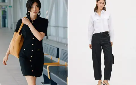 Deux looks pour savoir comment s'habiller pour une photo de classe : une robe noire chic et un ensemble chemise blanche et jean.