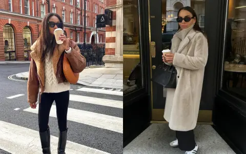 Deux femmes présentent des tenues d'hiver élégantes, parfaites pour un entretien d'embauche. L'une porte un blouson en cuir marron et un pull torsadé, l'autre un manteau long en fausse fourrure beige.