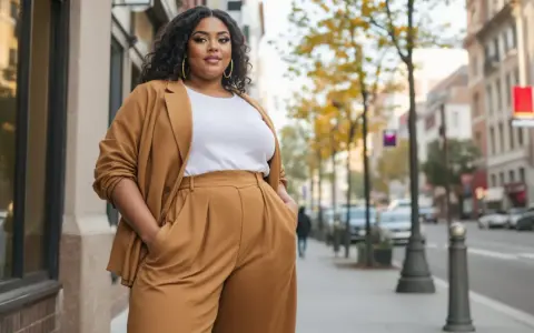 Une femme porte un blazer et un pantalon large camel, avec un haut blanc. Elle pose dans la rue, les mains dans les poches.