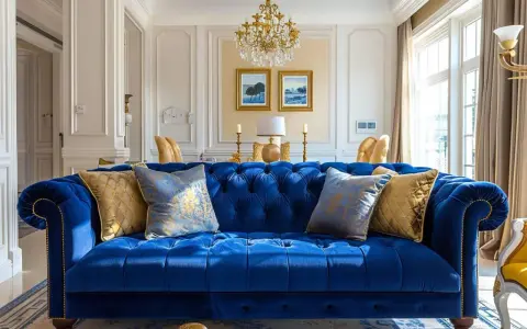 Canapé bleu roi somptueux, rehaussé de coussins dorés et bleus. Quelle couleur associer au bleu roi ? L'or, pour une touche royale.