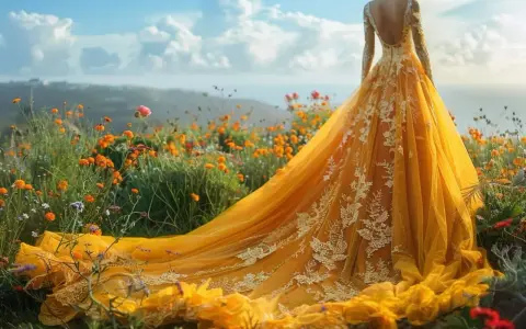 Une mariée porte une robe jaune éclatante dans un champ de fleurs sauvages. La robe de mariée jaune, symbole de joie et de bonheur, contraste avec le paysage verdoyant.