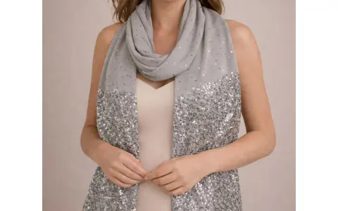 Une femme porte une étole grise à paillettes sur une robe de soirée. Idéal pour savoir comment porter une étole sur une robe de soirée.
