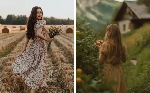 Deux jeunes femmes dans un champ de blé et près d'une cabane, style cottagecore. L'une tient un bouquet de fleurs sauvages, l'autre des fruits.