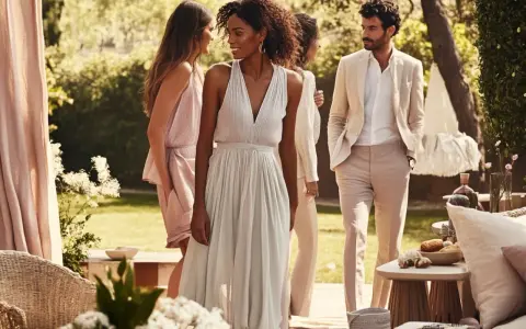 Des idées pour comment s'habiller pour un brunch ensoleillé : robes légères et costumes décontractés dans un jardin luxuriant.