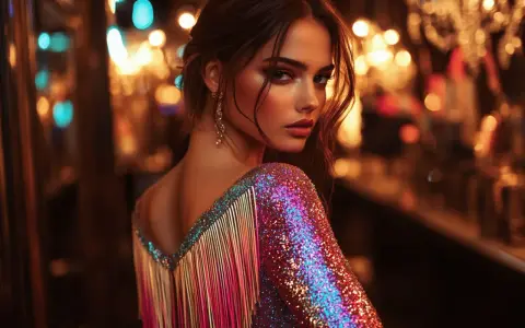 Une femme élégante, robe à paillettes et franges, prête pour une soirée où la tenue correcte exigée. Lumières floues en arrière-plan.