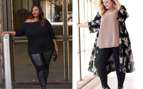 Deux femmes portent une tenue avec legging noir. L'une est en pull noir épaules dénudées, l'autre en top nude et kimono fleuri.