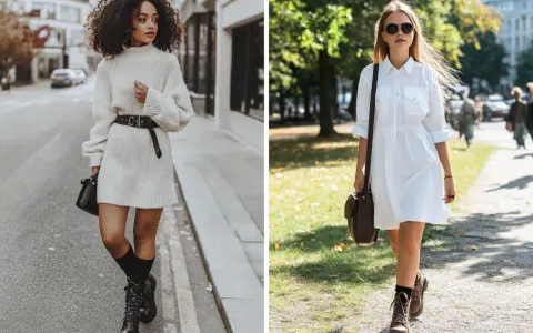 Deux femmes portent une robe avec bottes. L'une, en robe pull crème, arbore des bottes noires lacées. L'autre, en robe chemise blanche, porte des bottes marron.