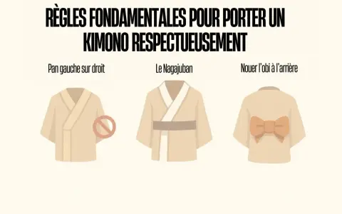 Illustration montrant comment porter un kimono court : le pan gauche sur le droit, le nagajuban, et l'obi noué à l'arrière.