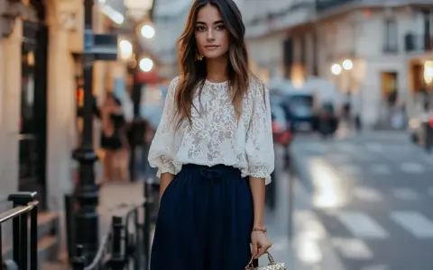 Une femme élégante porte un haut en dentelle blanche avec un pantalon bleu marine. Une tenue parfaite pour savoir que mettre avec un pantalon bleu marine.