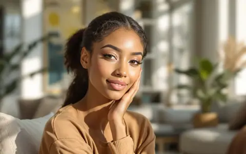 Jeune femme au teint hâlé, peau claire, mise en valeur par une colorimétrie brune. Elle pose tendrement sa main sur sa joue, un sourire doux aux lèvres.