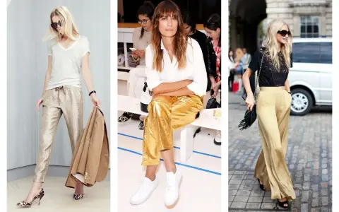 Trois femmes portent des pantalons dorés. Quelle couleur va avec le doré vêtement ? Le blanc, le noir et le camel sont de bonnes options.
