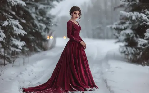 Une femme en robe bordeaux élégante dans un paysage enneigé. Idée pour un mariage en hiver comment s'habiller.