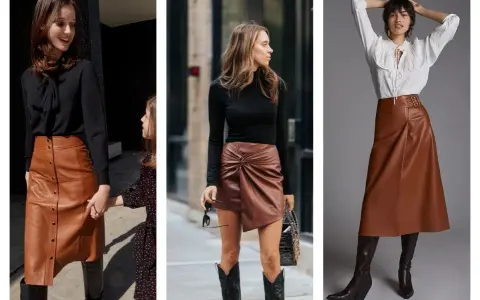 Trois femmes portent des jupes marron en cuir, de styles variés, avec des hauts noirs ou blancs et des bottes.