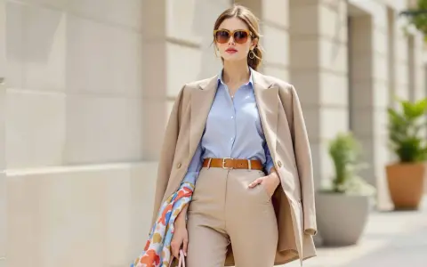 Une femme porte une chemise bleu avec un pantalon beige, un blazer camel et des lunettes de soleil.