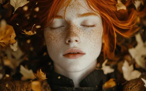 Une rousse aux taches de rousseur, entourée de feuilles d'automne. Quelle couleur pour les rousses ? La nature répond avec cette palette chaleureuse.